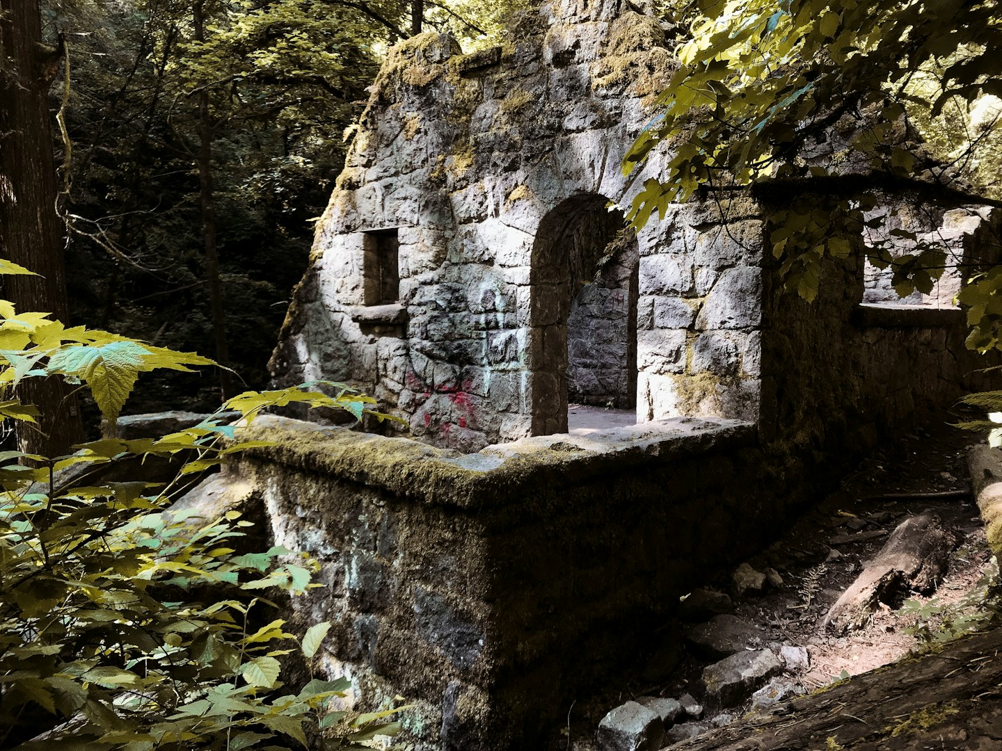 Mossy stone ruin with an arched doorway in a forest.